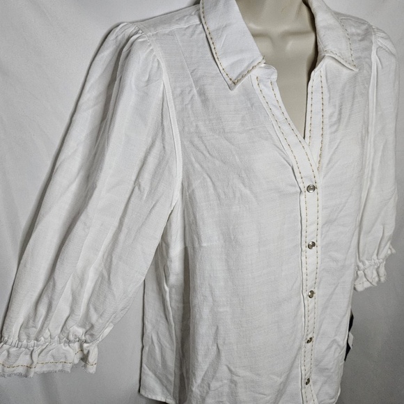 New Democracy Below Elbow Puff Sleeve Western Yoke Snap Front Off White Shirt M - Picture 6 of 15